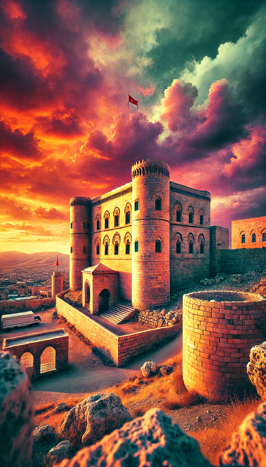 DALL·E 2024-10-27 01.09.50 - A vibrant, modern digital art-style image of the ancient castle in Şanlıurfa, Turkey. The scene shows the historic stone architecture standing tall ag